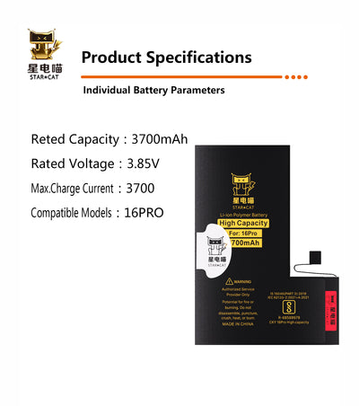 Product specifications sheet for a STARCAT 16PRO lithium-ion battery, showing rated capacity of 3700mAh, rated voltage of 3.85V, max charge current of 3700, and a black product box with gold and white text on a white background.